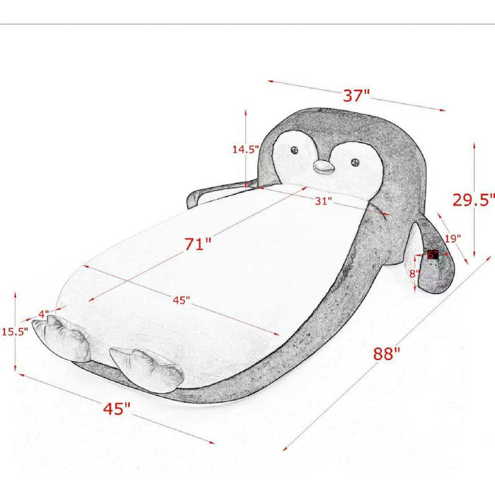 Twin size Giga penguin-shaped upholstered bed for kids, featuring a white and black design, ideal as a cozy bedroom lounger.