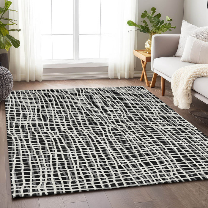 10' X 14' Striped Washable Area Rug Polyester With UV Protection - Black / Ivory
