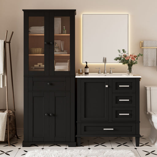 Giga bathroom vanity and tall storage cabinet set with doors, adjustable shelves, soft-close hinges, and integrated sink.