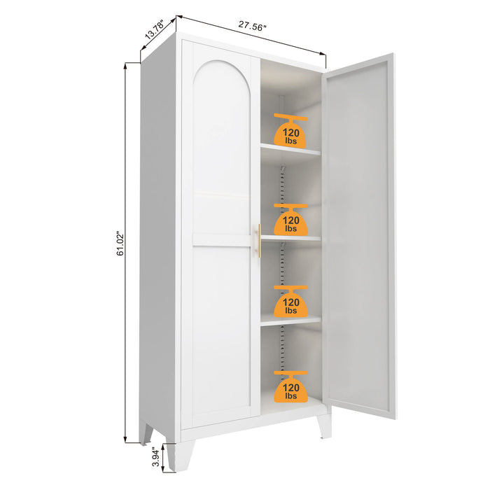 White Giga accent metal storage cabinet with two doors and adjustable shelves, ideal for bedroom or living room storage.