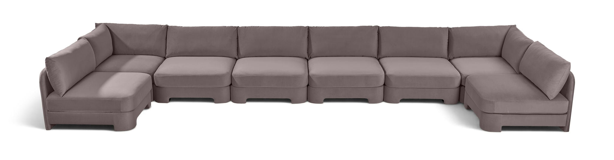 Beige Hammond velvet upholstered 8-piece U-shaped armless sectional sofa by Meridian Furniture, stationary living room furniture.