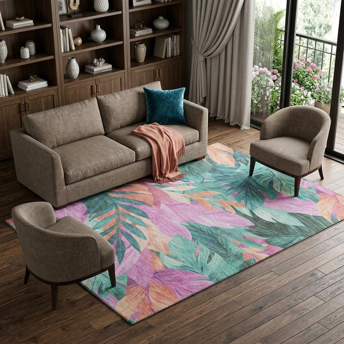 10' X 14' Floral Washable Area Rug With UV Protection (694050) - Teal / Pink / Salmon