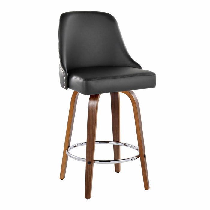 Marcel - 27" Fixed-Height Counter Stool With Swivel And Round Chrome Metal Footrest (Set of 2) - Walnut Wood And Black Faux Leather With Chrome Nailhead Trim