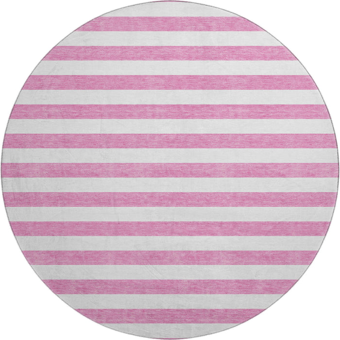 8' Striped Washable Round Rug With UV Protection (647635) - Pink / Ivory