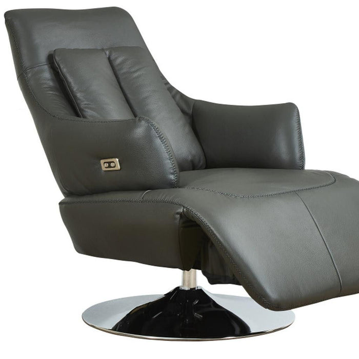 Tufted Genuine Leather Power Swivel Recliner - Gray