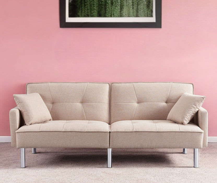 Polyester Blend Convertible Futon Sleeper Sofa And Toss Pillows With Silver Legs - Beige