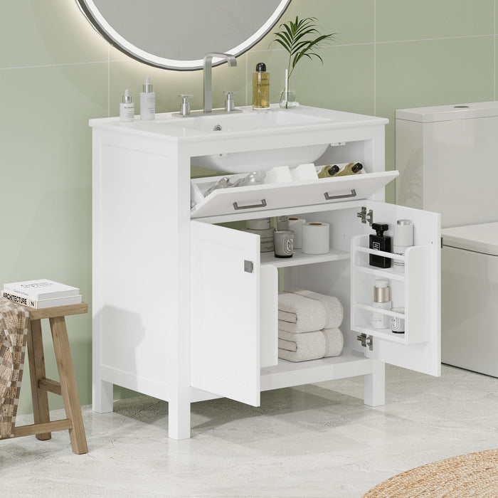 Giga modern bathroom vanity with ceramic sink, two-door cabinet, shelf, and soft-close doors for stylish storage.