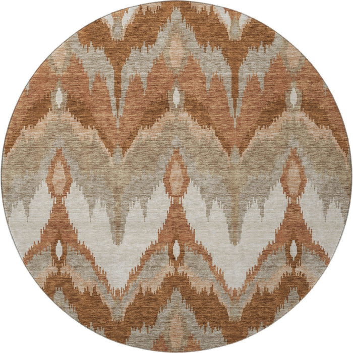 8' Ikat Washable Round Rug With UV Protection - Rust And Beige