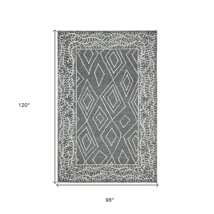 8' X 10' Wool Geometric Hand Hooked Area Rug - Gray / Ivory