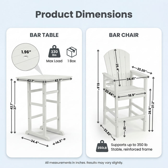 Giga white outdoor Adirondack bar height patio chair with armrests and cup holder, UV resistant and all-weather suitable for outdoor use.