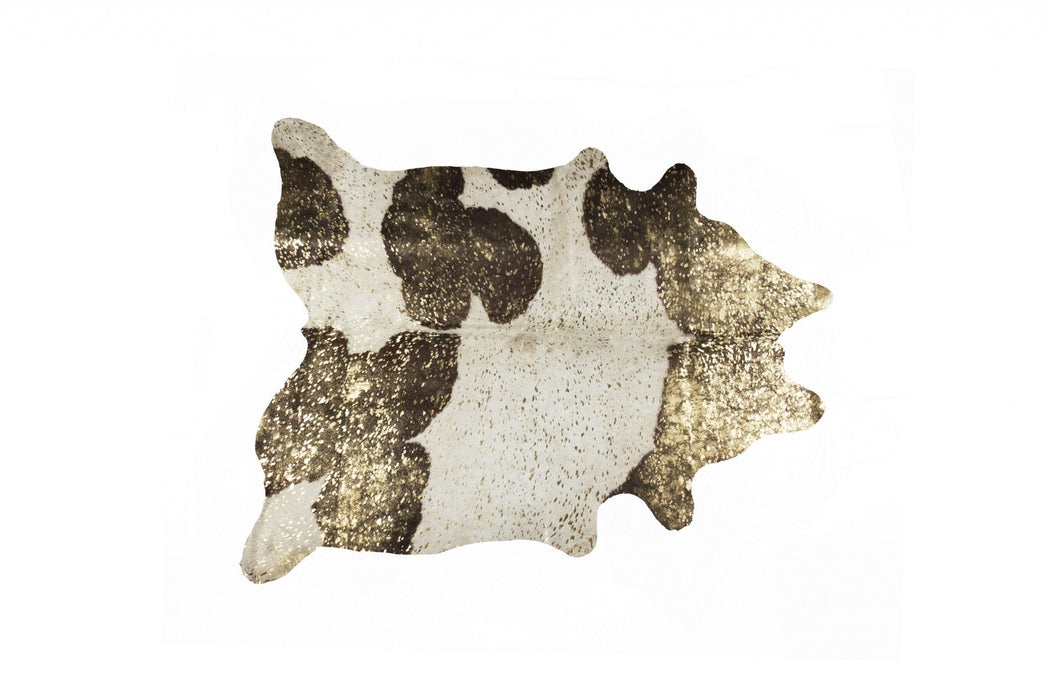 6' x 7' Natural Cowhide Area Rug - Dark Brown White And Gold