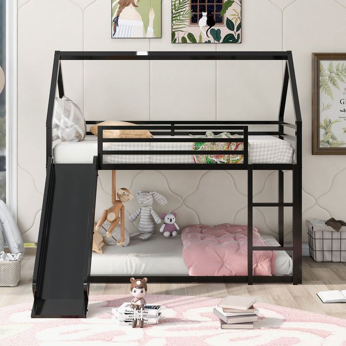 Giga twin over twin house bunk bed with ladder and slide, featuring a cozy design perfect for kids' bedrooms.