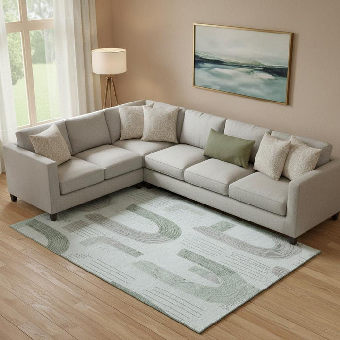 10' X 14' Geometric Washable Area Rug With UV Protection (697542) - Mint Green / Gray / Ivory