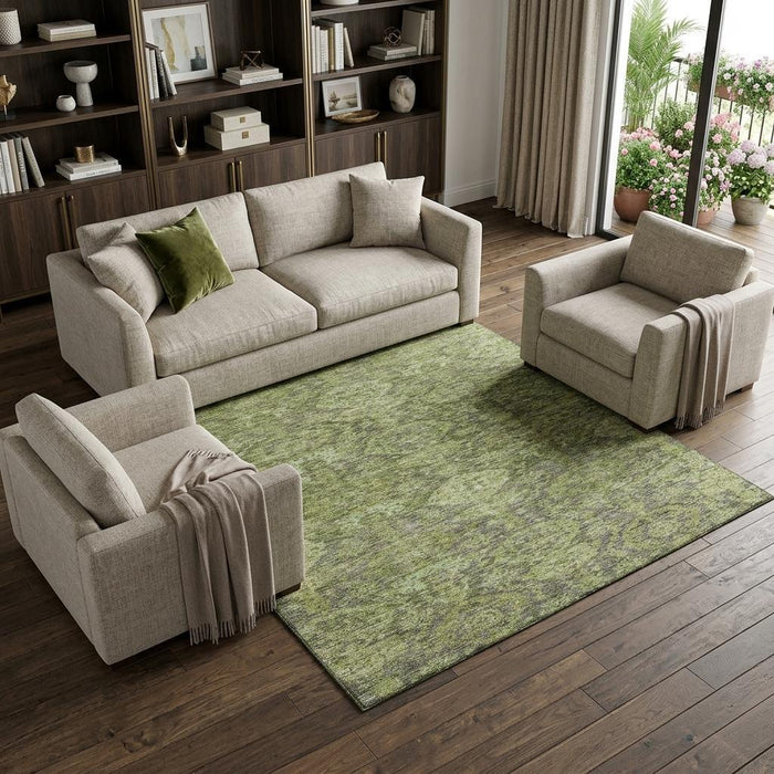 10' X 14' Damask Washable Area Rug With UV Protection (683944) - Green / Gray
