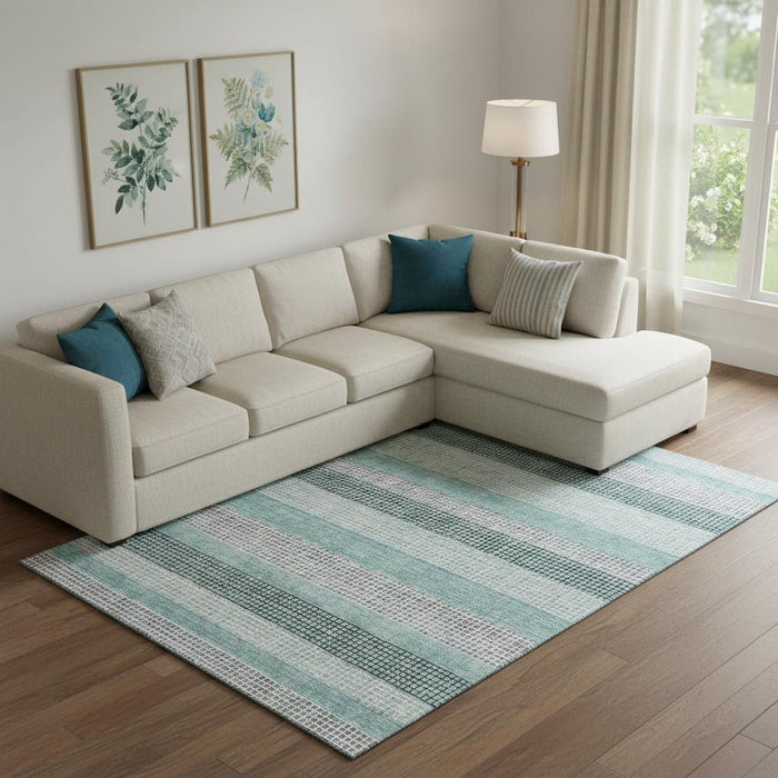 10' X 14' Striped Washable Area Rug With UV Protection (710795) - Teal / Ivory / Gray