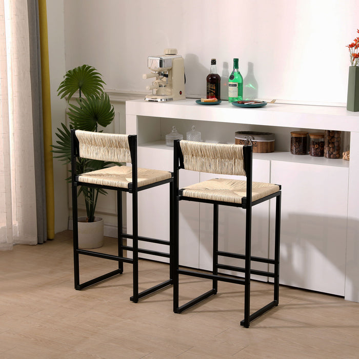 Set of two Giga bar stools with paper rope weave seats, back support, ideal for kitchen islands, bars, and counters.