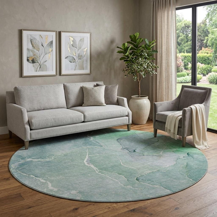 8' Abstract Washable Round Rug With UV Protection (646993) - Teal / Ivory