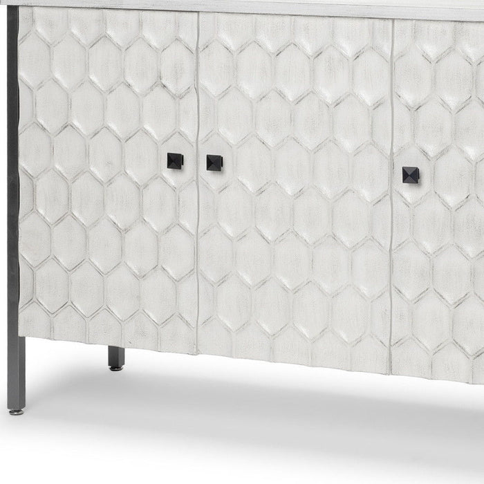 Gray and white 47-inch wood and metal carved geometric accent cabinet with three doors, from HomeRoots.