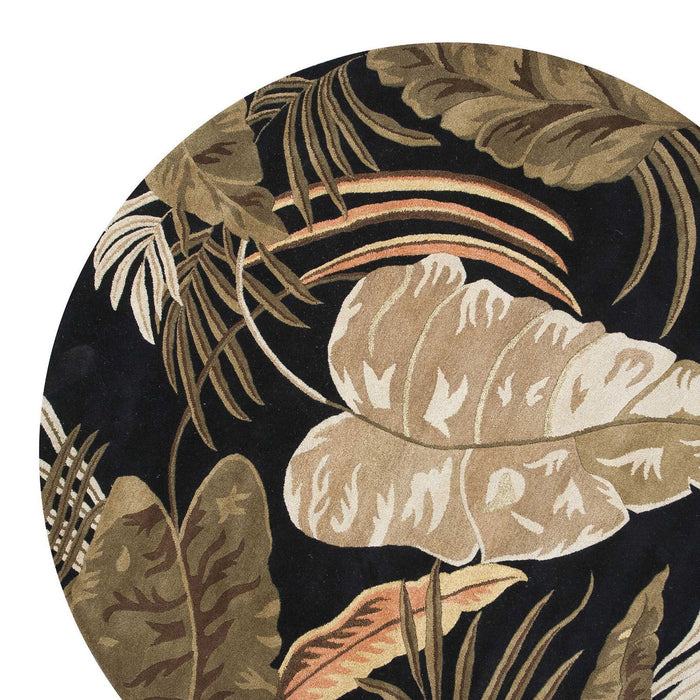 8' Hand Tufted Tropical Leaves Round Indoor Area Rug - Midnight Black