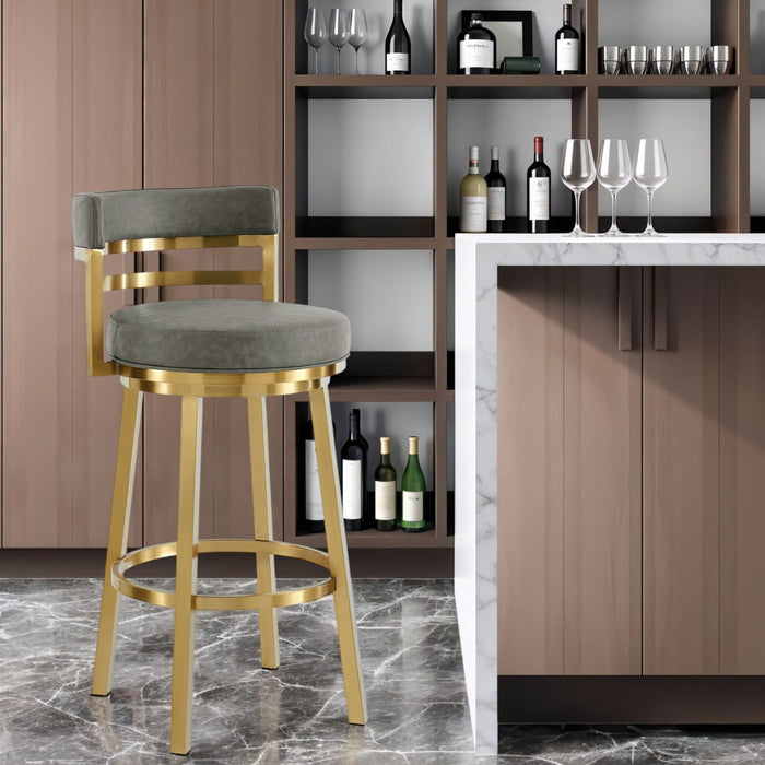 30" Faux Leather And Stainless Steel Low Back Bar Height Swivel Bar Chair - Gray / Gold