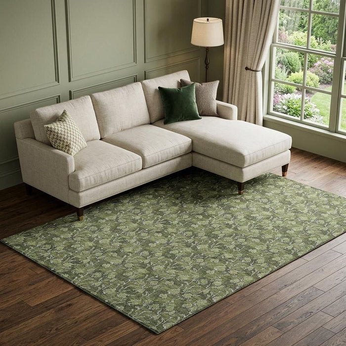 8' X 10' Floral Washable Area Rug With UV Protection (656458) - Olive Green / Ivory