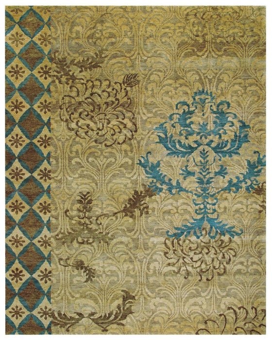 9' X 13' Floral Hand Knotted Area Rug (744416) - Tan / Brown / Blue