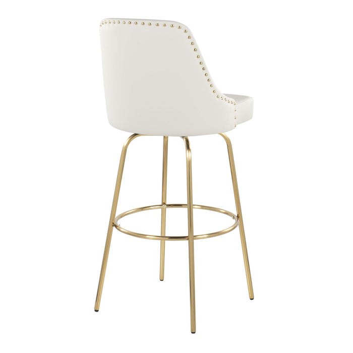 Marcel - 30" Fixed-Height Barstool With Swivel And Round Gold Metal Footrest (Set of 2) - Gold Metal And White Faux Leather With Gold Nailhead Trim