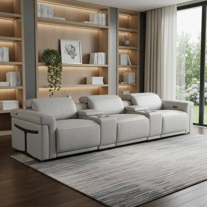 Top Grain Leather Reclining Metal USB Sofa (720368) - Light Gray
