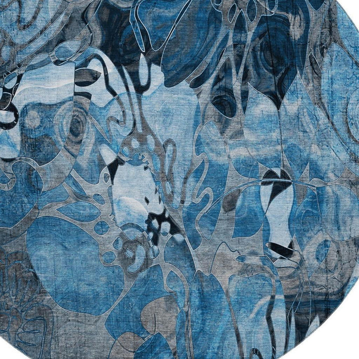 8' Abstract Distressed Washable Round Rug With UV Protection (648967) - Blue / Ivory / Gray