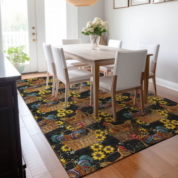 9' X 12' Cottage Animal Print Washable Area Rug With UV Protection - Midnight