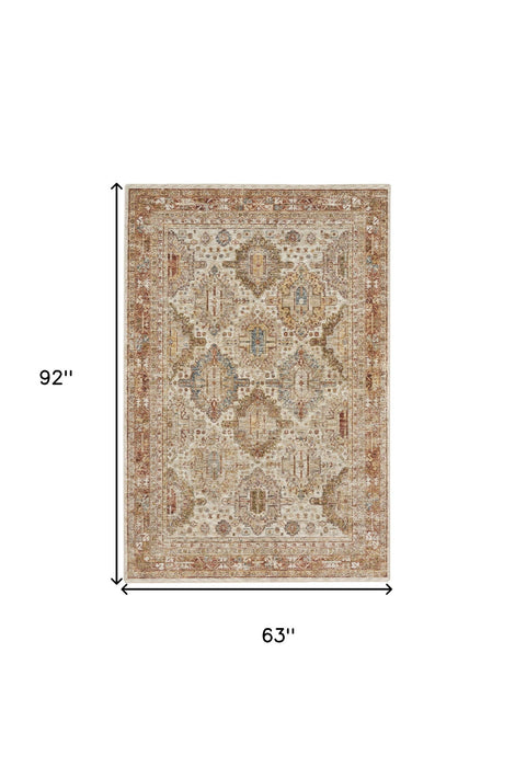 5' X 8' Geometric Distressed Area Rug (550334) - Ivory / Red