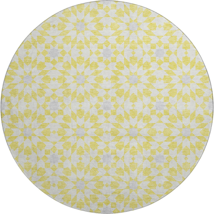 8' Geometric Washable Round Rug With UV Protection - Yellow And Gray