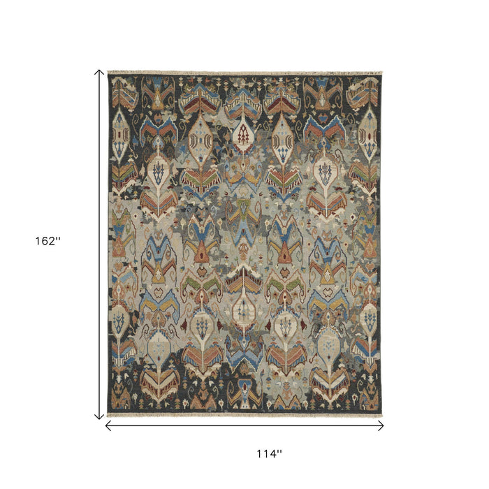 9' X 13' Ikat Hand Knotted Area Rug With Fringe - Blue