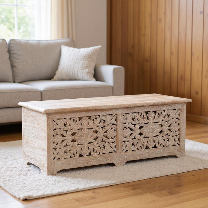 52" Distressed Solid Wood Carved Floral Storage Ottoman - White