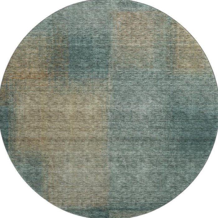 8' Abstract Washable Round Rug With UV Protection - Teal And Brown