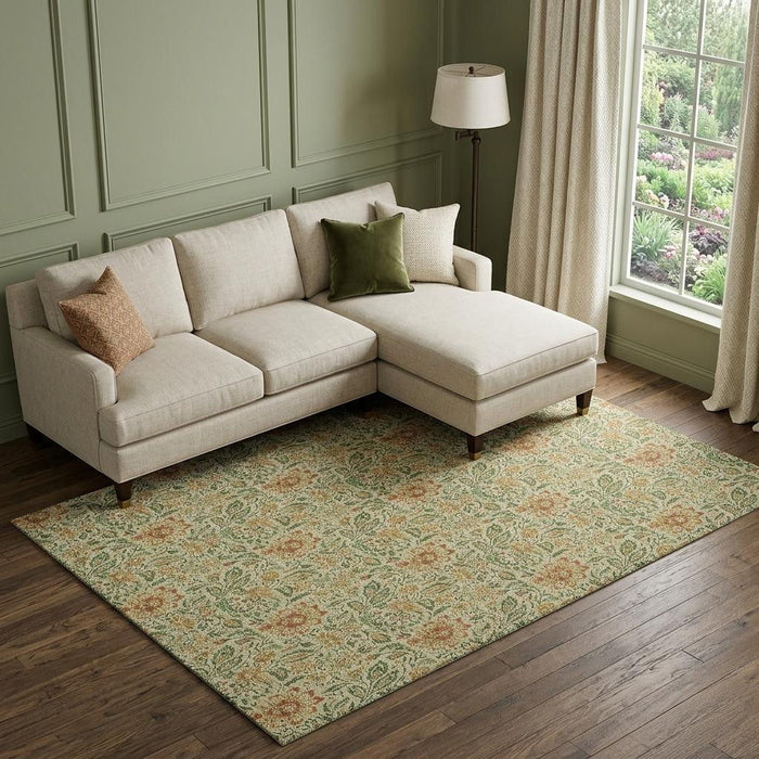 8' X 10' Floral Washable Area Rug With UV Protection (654968) - Artichoke Green / Rust