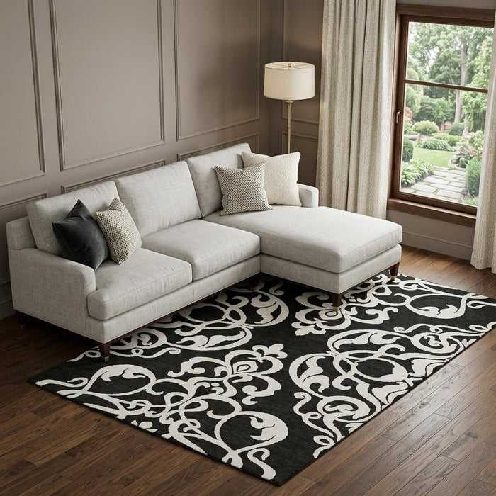 10' X 14' Damask Washable Area Rug With UV Protection (676902) - Black / Ivory