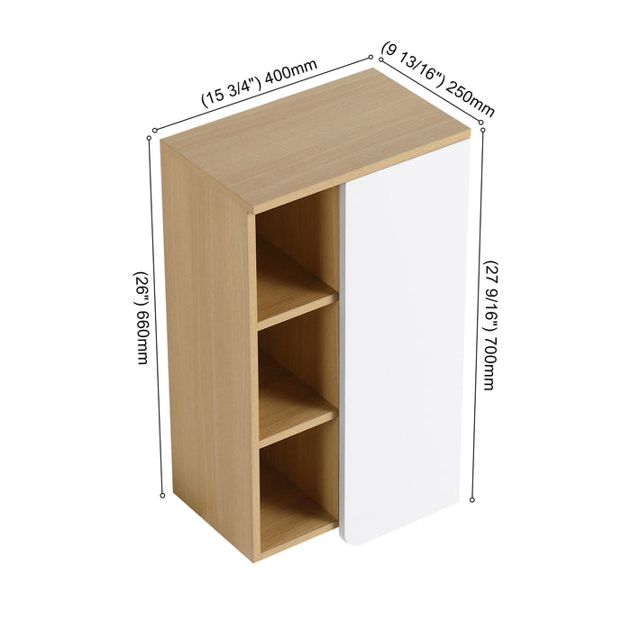Giga wall-mounted bathroom linen cabinet with a single door and three open shelves in black, light oak, or white finish.