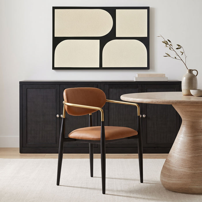 Black-legged Meridian Furniture Ronda vegan leather upholstered dining arm chair with cushioned seat and back for comfortable dining.