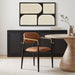 Black-legged Meridian Furniture Ronda vegan leather upholstered dining arm chair with cushioned seat and back for comfortable dining.
