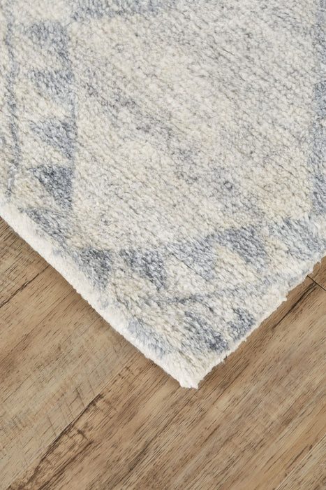 8' Geometric Hand Knotted Worn Faded Runner Rug - Gray And Ivory