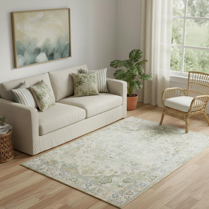 5' X 7' Floral Power Loom Distressed Area Rug (554964) - Ivory / Green