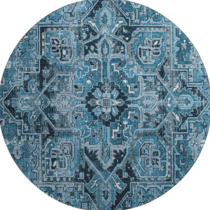8' Oriental Washable Round Rug With UV Protection (649699) - Blue / Ivory