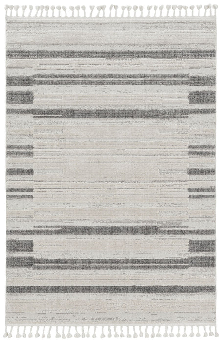 HomeRoots 9x13 indoor area rug with abstract color block design in ivory and gray, machine woven for durability and style.