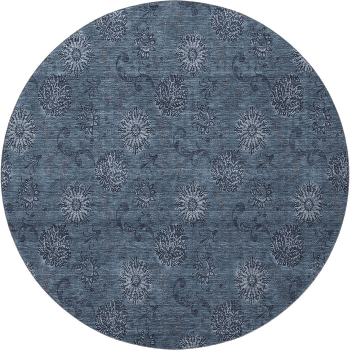 8' Floral Washable Round Rug With UV Protection - Blue And Ivory