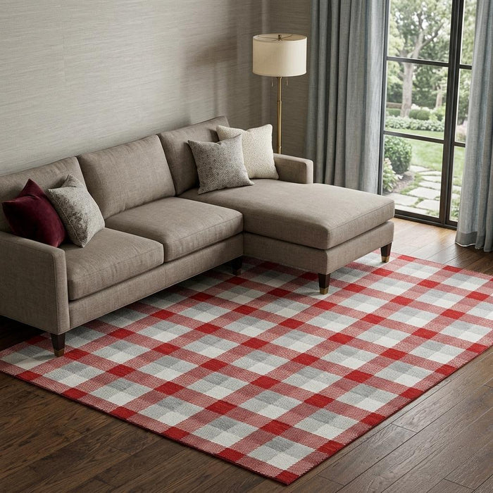 10' X 14' Plaid Washable Area Rug With UV Protection (682583) - Red / Gray / Ivory