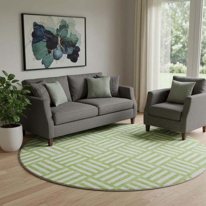 8' Geometric Washable Round Rug With UV Protection (652374) - Lime Green / Ivory