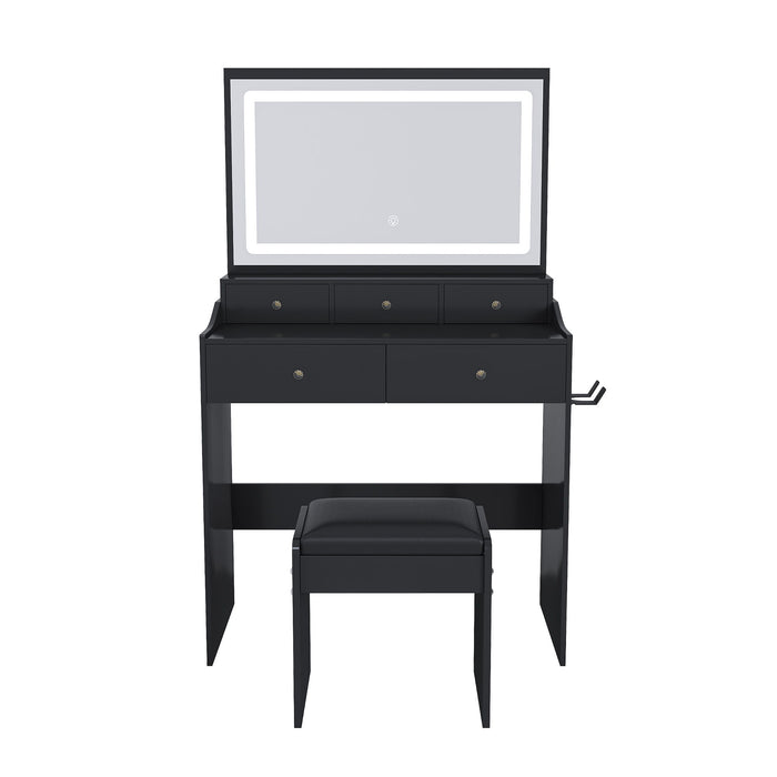 Modern Giga makeup vanity set with adjustable lighting, power outlet, and hair dryer holder, featuring a sleek mirror and storage.