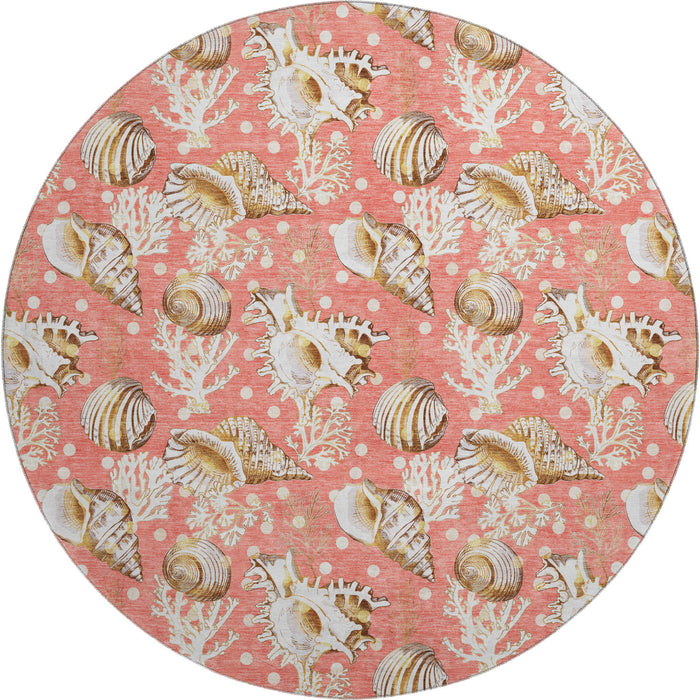 8' Coastal Geometric Washable Round Rug With UV Protection - Peach