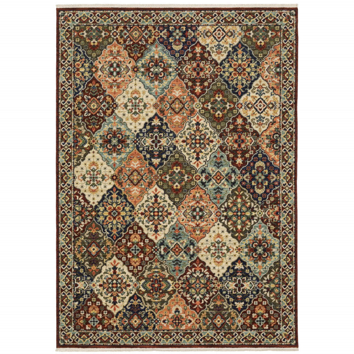 6' x 9' Oriental Power Loom Stain Resistant Area Rug With Fringe - Red Rust Navy Light Blue Brown Orange Ivory And Gold